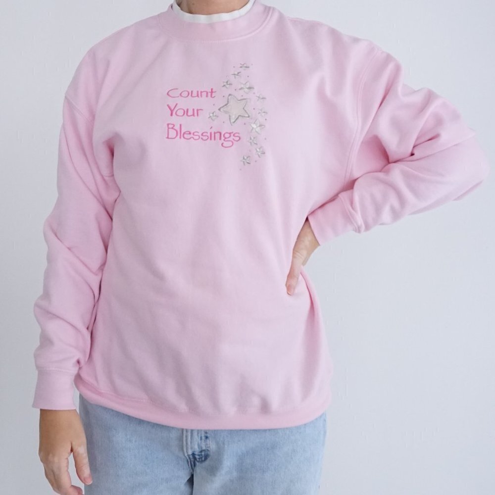 Vintage M&C Sportswear Pink Embroidered "Count Your Blessings" Cotton Sweater L